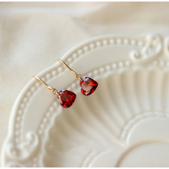 925 Sterling Silver 14k Gold Plated Burgundy Heart Earrings