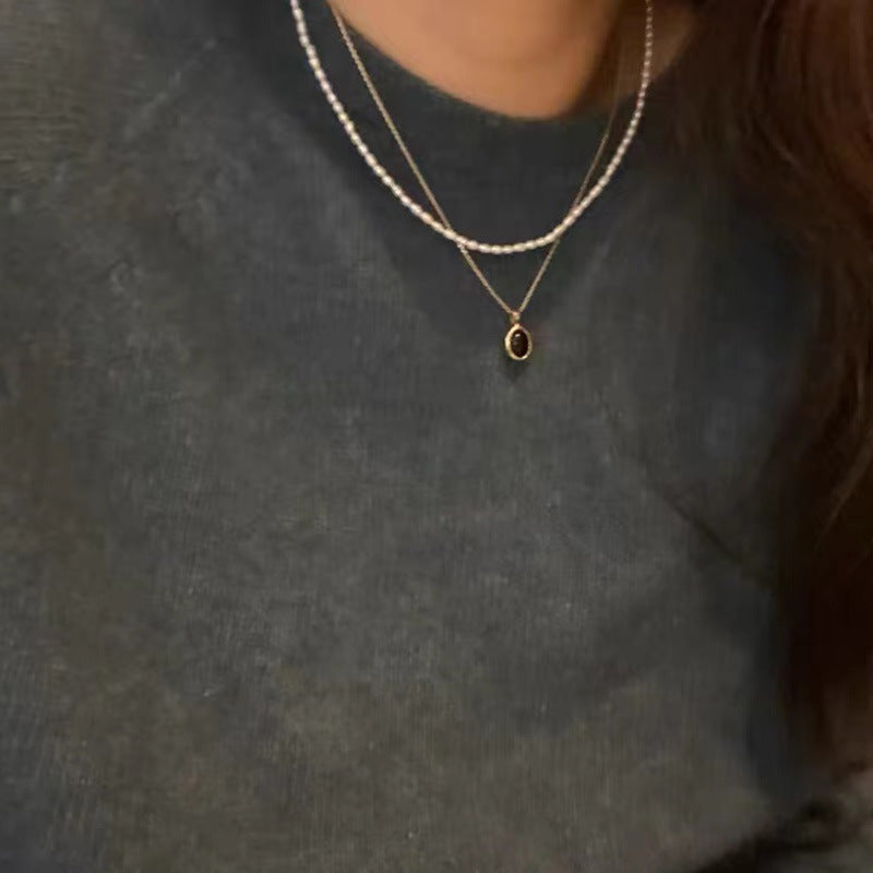 Black onyx pearl stacking necklace