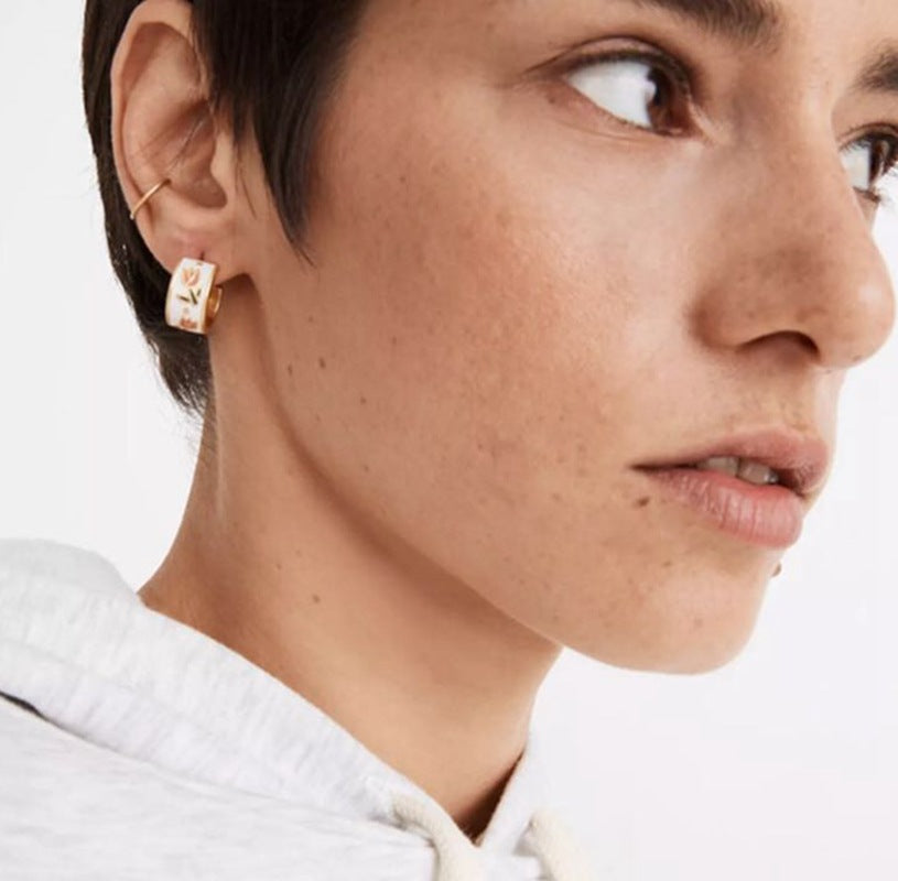 Vintage Tulip Enamel Hoop Earrings