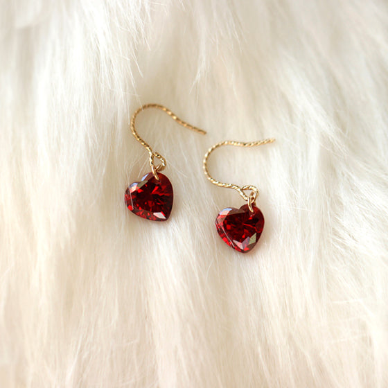 925 Sterling Silver 14k Gold Plated Burgundy Heart Earrings