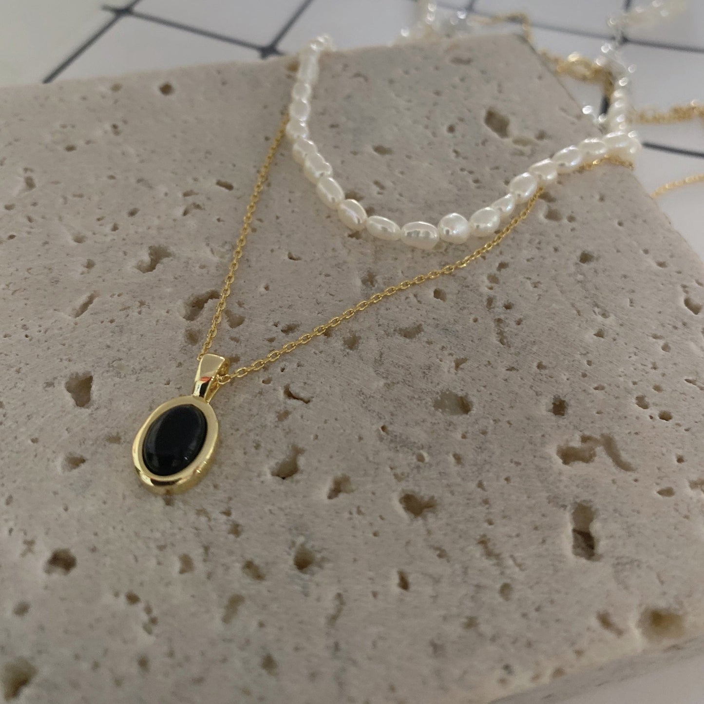 Black onyx pearl stacking necklace