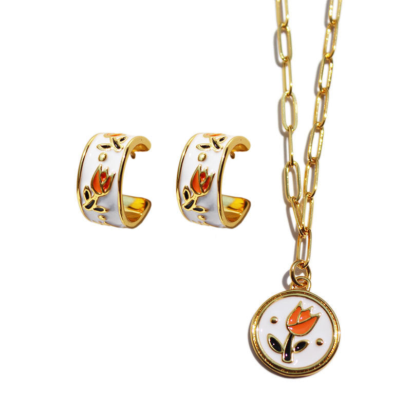 Vintage Tulip Enamel Hoop Earrings