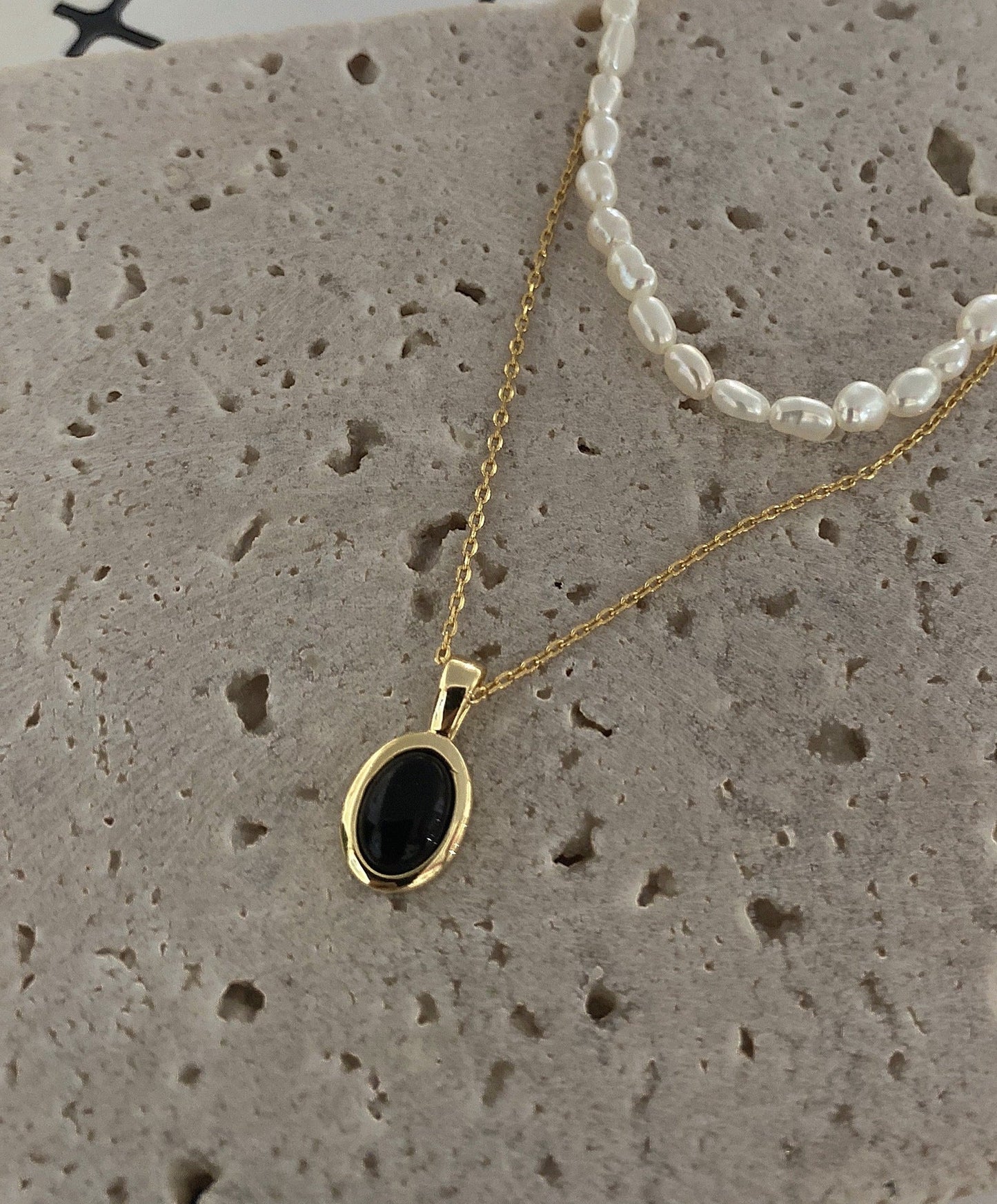 Black onyx pearl stacking necklace