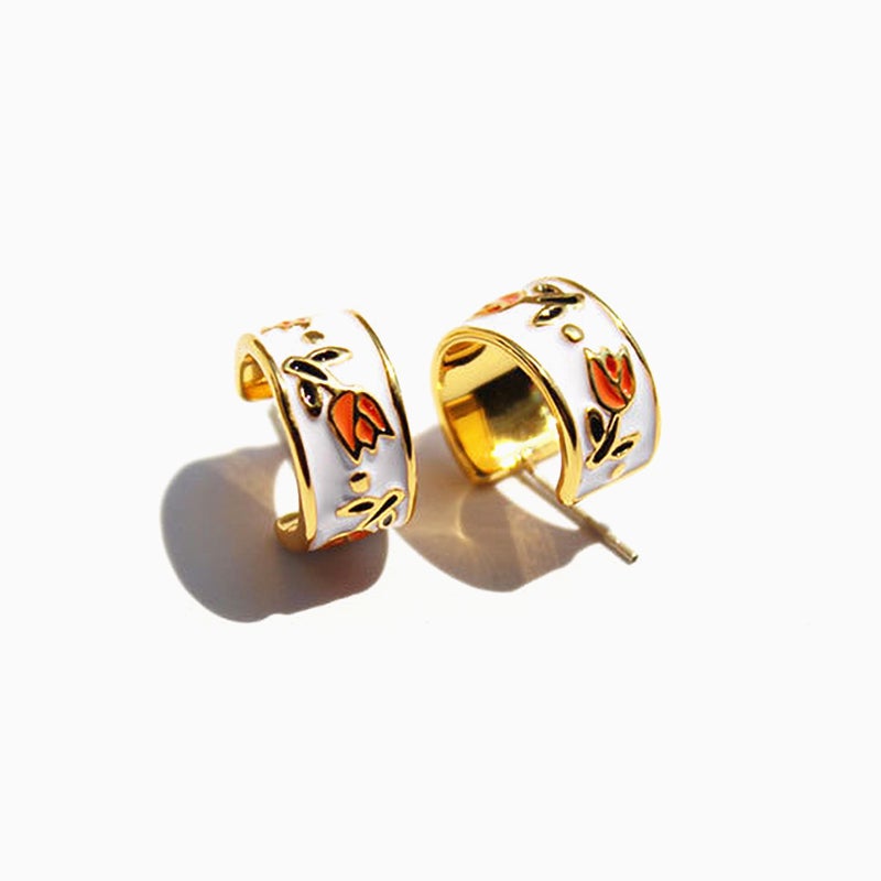 Vintage Tulip Enamel Hoop Earrings