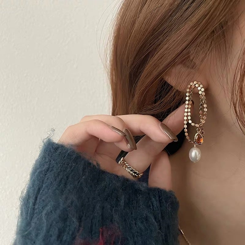 Asymmetrical Gemstone Alloy Drop Earrings