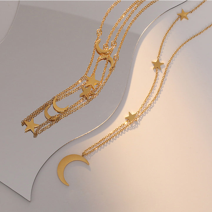 Simple Multilayer Star and Moon Necklace