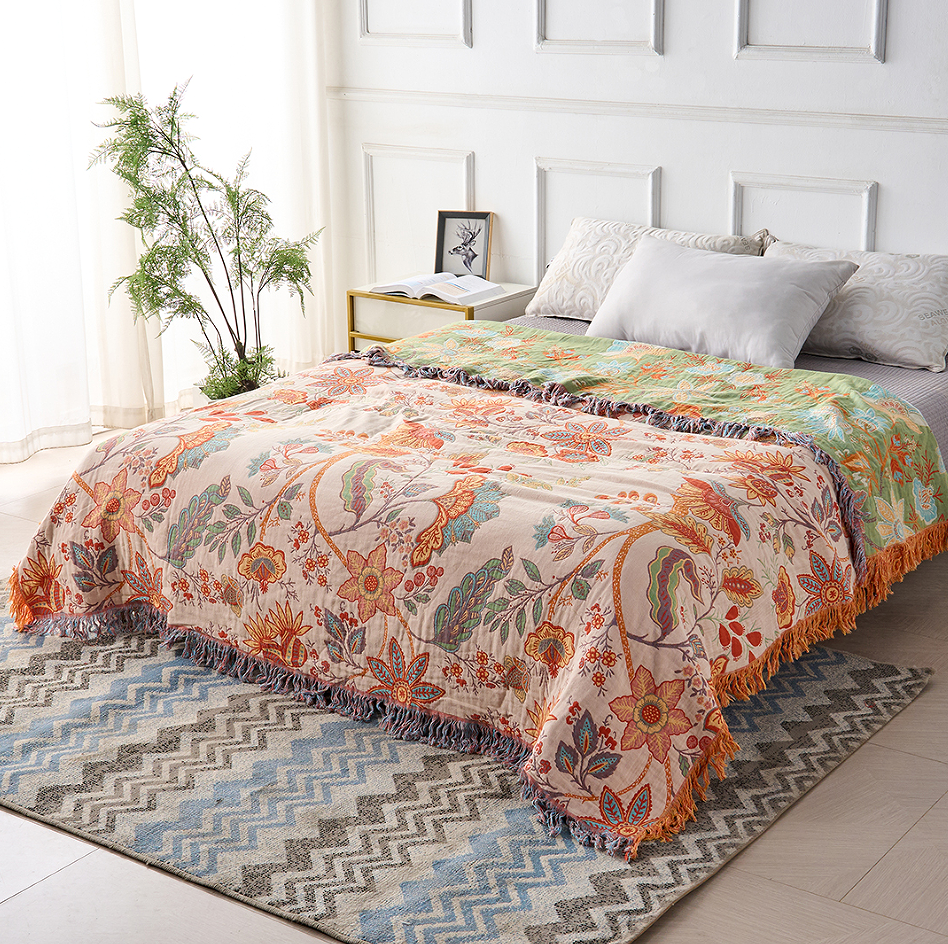 Cotton Throw Blanket Boho Floral Sofa Cover