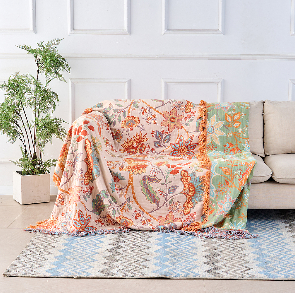 Cotton Throw Blanket Boho Floral Sofa Cover