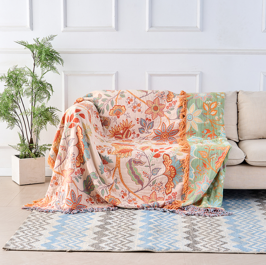 Cotton Throw Blanket Boho Floral Sofa Cover