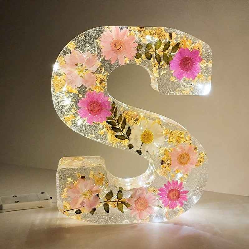 Letter Resin Lamp with Dried Flowers