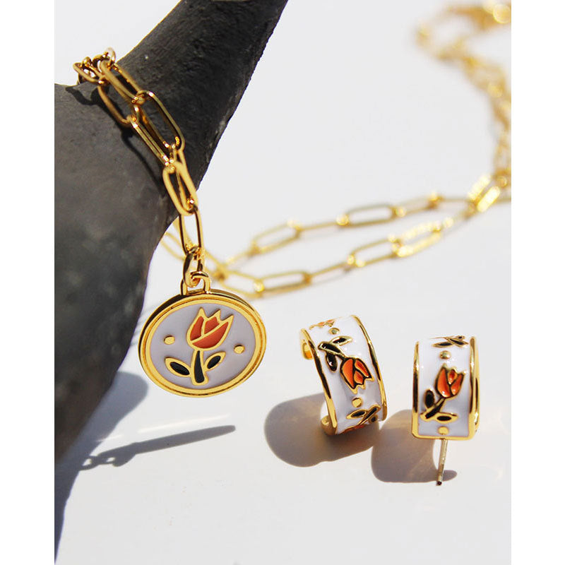 Vintage Tulip Enamel Hoop Earrings