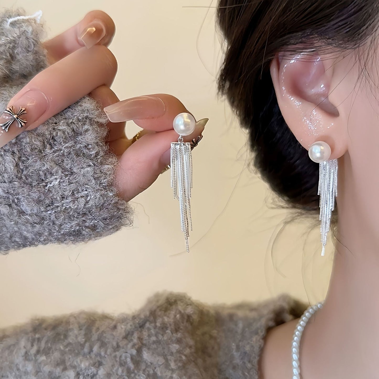 Pearl Mini Silver Tassel Earrings