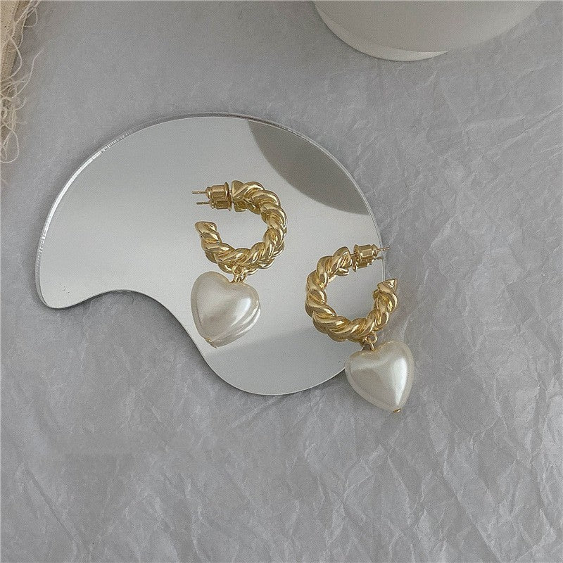 Twisted Rope Hoop Pearl Love Earrings