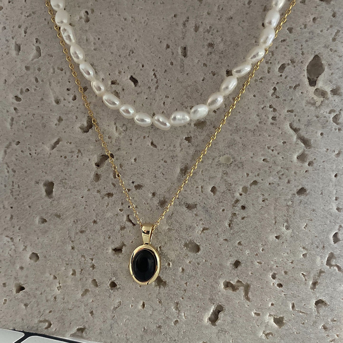 Black onyx pearl stacking necklace