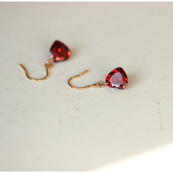 925 Sterling Silver 14k Gold Plated Burgundy Heart Earrings