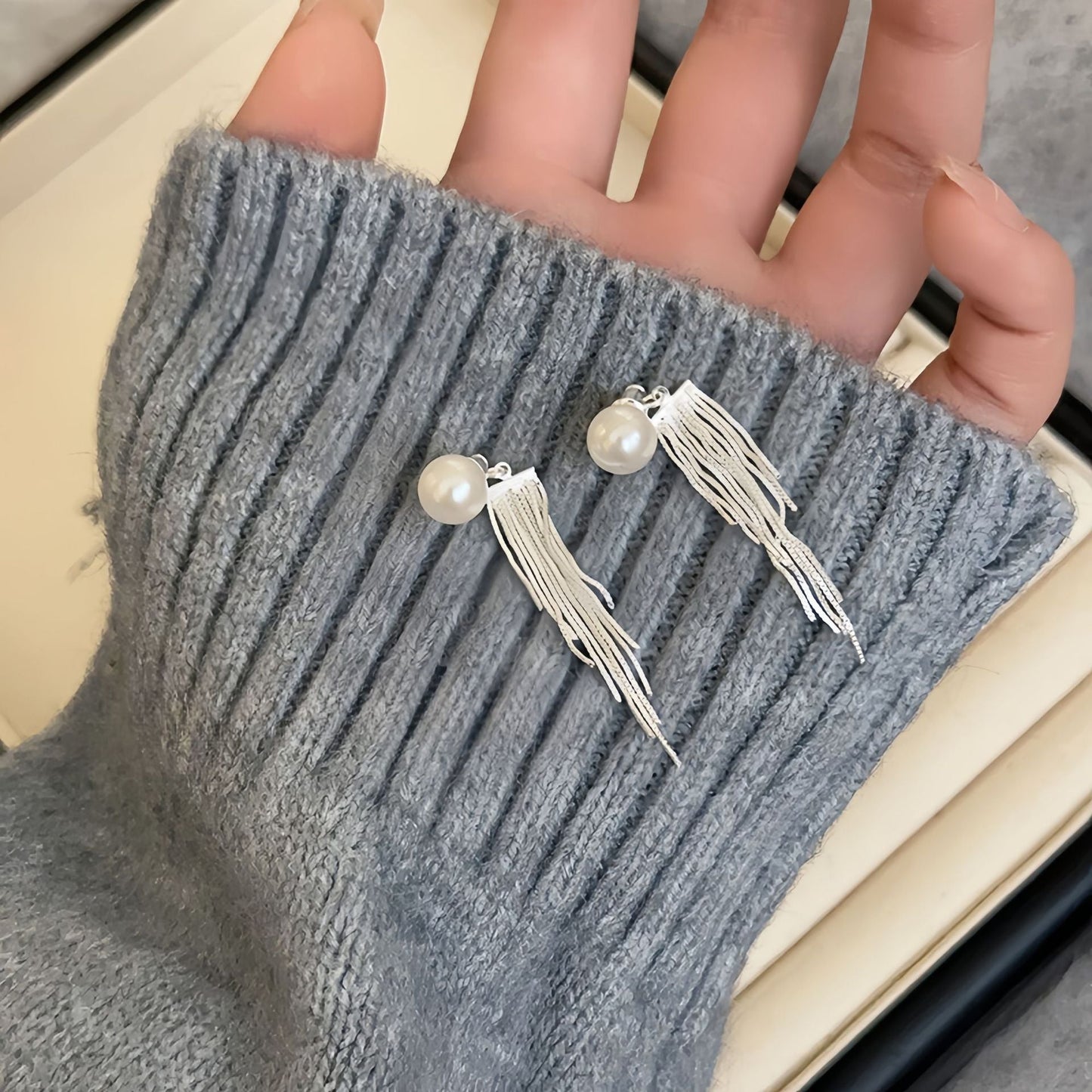 Pearl Mini Silver Tassel Earrings