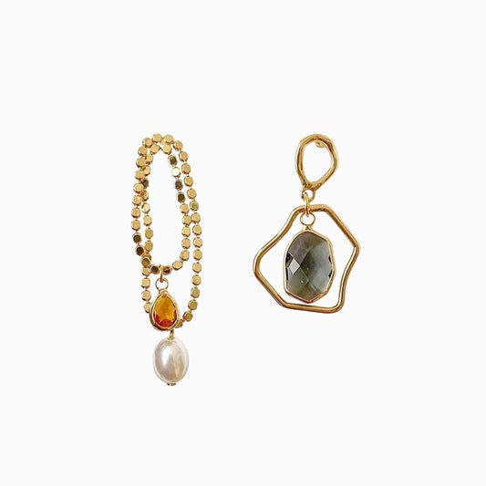 Asymmetrical Gemstone Alloy Drop Earrings