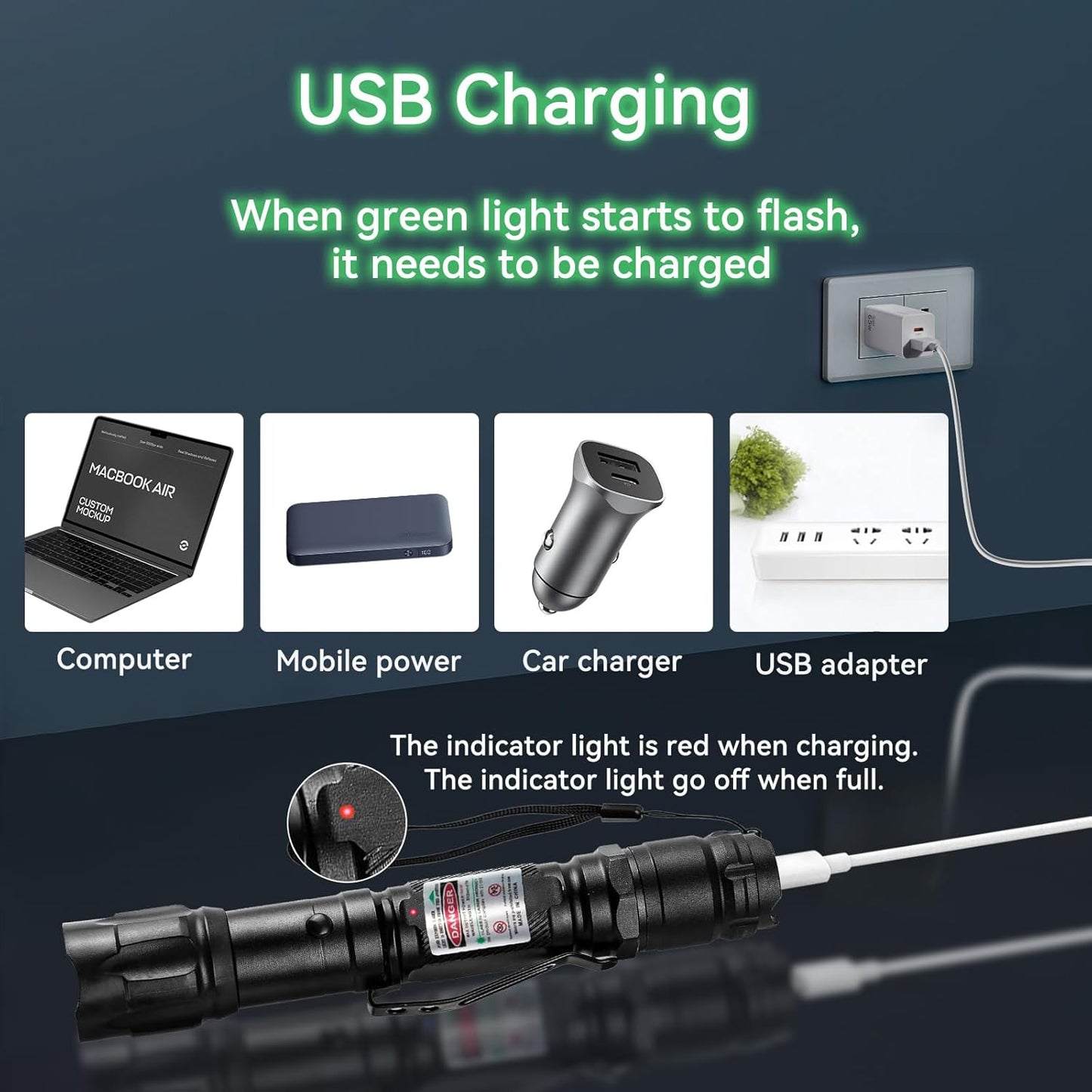 Flashlight Rechargeable Green Outdoor LED Torch