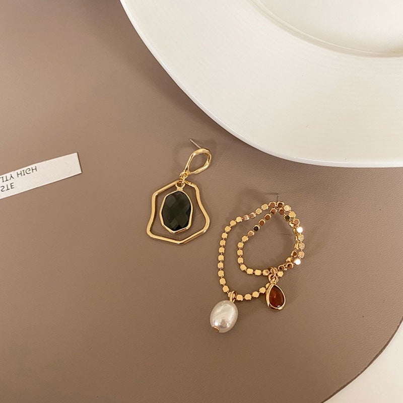 Asymmetrical Gemstone Alloy Drop Earrings