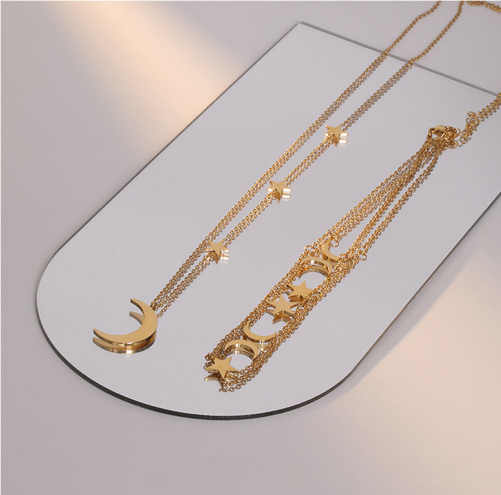 Simple Multilayer Star and Moon Necklace