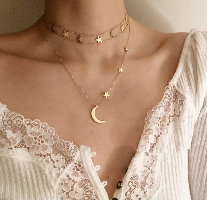 Simple Multilayer Star and Moon Necklace