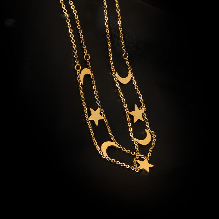 Simple Multilayer Star and Moon Necklace