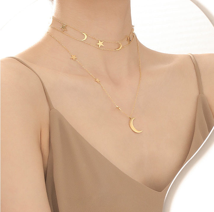 Simple Multilayer Star and Moon Necklace
