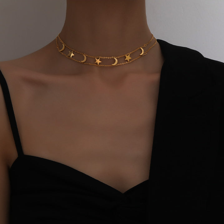 Simple Multilayer Star and Moon Necklace