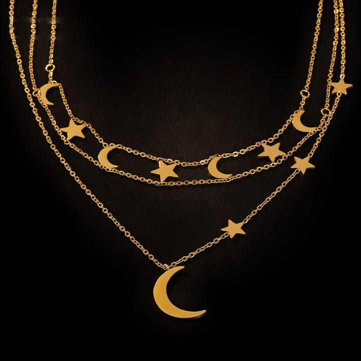 Simple Multilayer Star and Moon Necklace