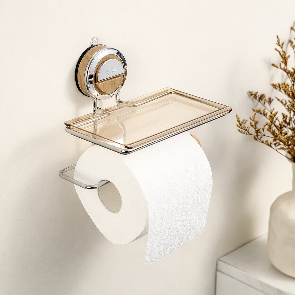 Toilet Roll Holder Wall Mounted Adhesive Shelf Storage